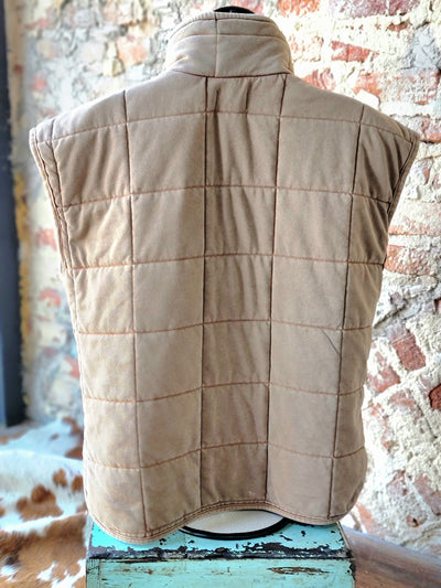 The back side of our Brenley Brown Quilted Vest modeled on a mannequin.