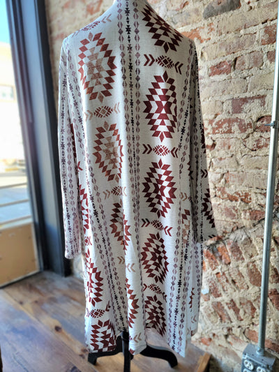 Muscadine Aztec Open Front Long Cardigan