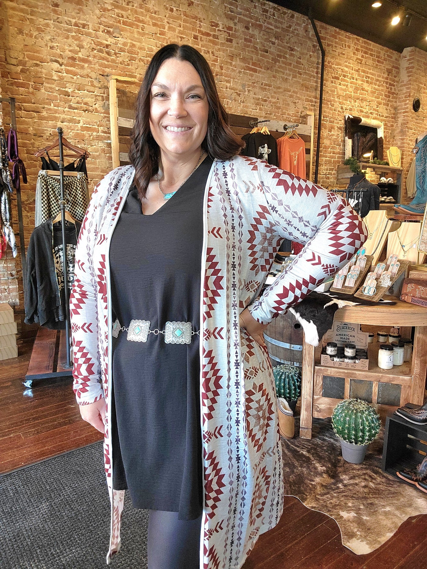 Muscadine Aztec Open Front Long Cardigan