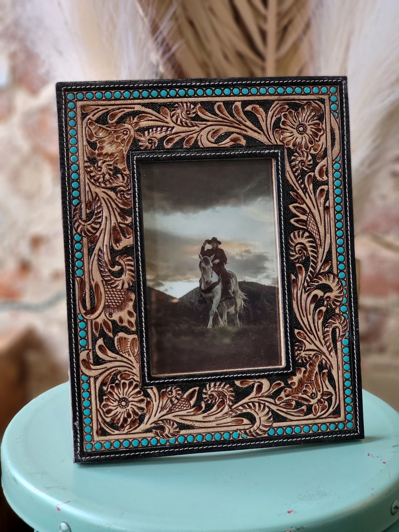 Jalen Tooled Leather & Turquoise Photo Frame [4x6 Photo]