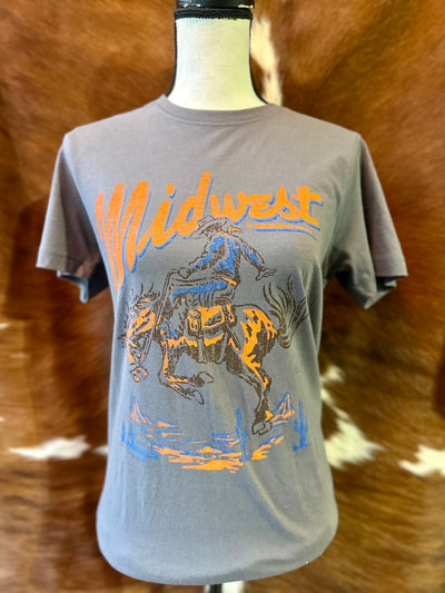 Broker Leather's Jenel Midwest Rodeo Graphic Tee shown with a bold cowboy riding a bucking horse graphic displayed on a mannequin.