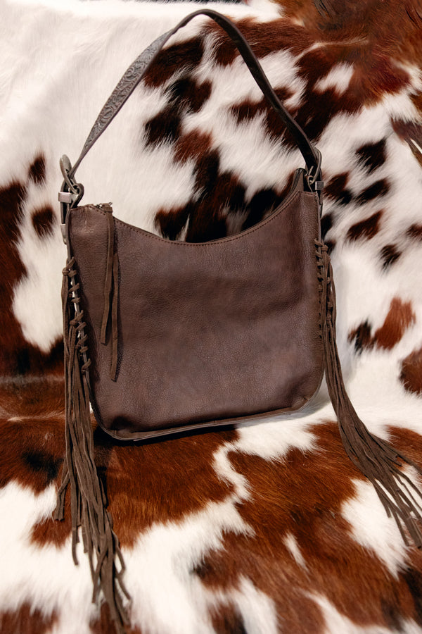 Jerin Fringe Hobo Buckled Bag [Dark Brown]