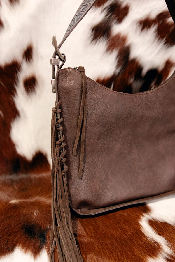 Jerin Fringe Hobo Buckled Bag [Dark Brown]