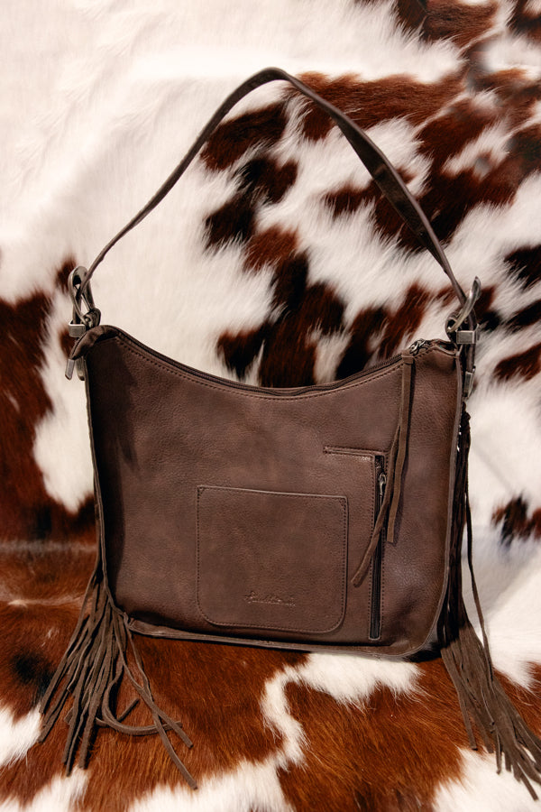 Jerin Fringe Hobo Buckled Bag [Dark Brown]