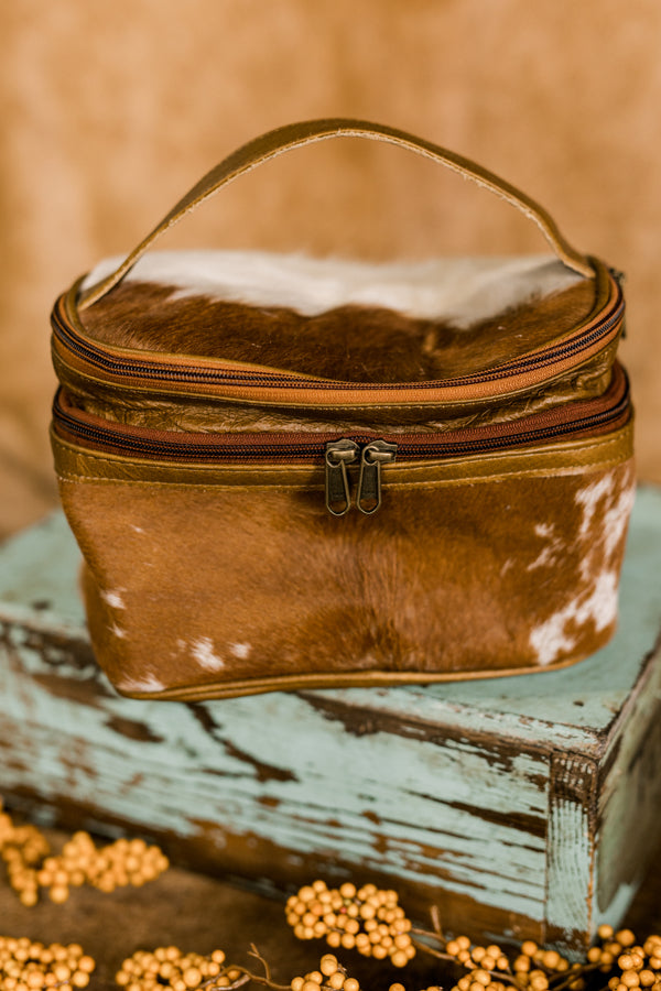 Jessica Cowhide Makeup Bag [Brown & White]