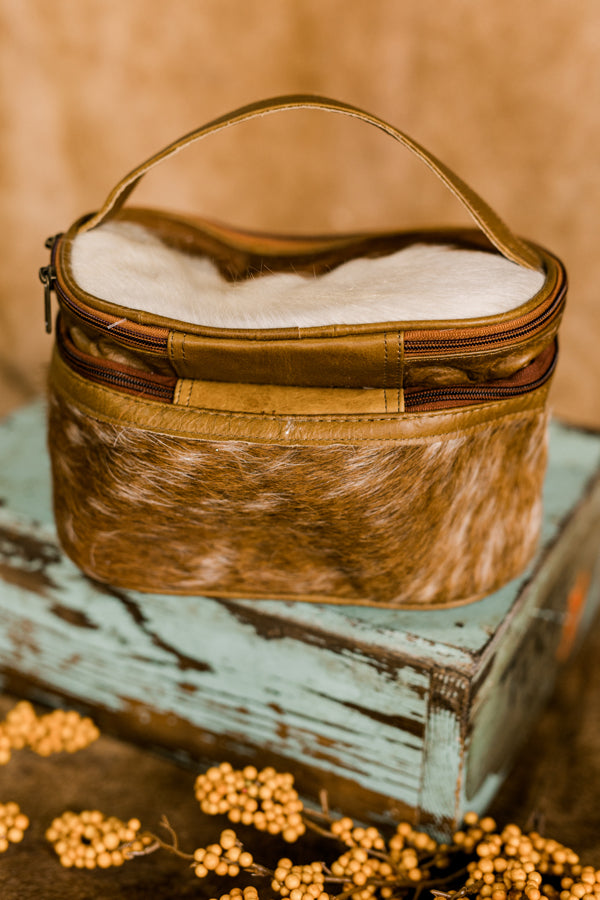 Jessica Cowhide Makeup Bag [Brown & White]