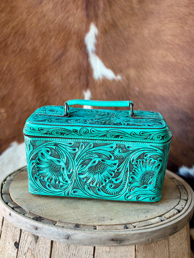 Jessica Tooled Leather Makeup Bag in Aqua, a perfect Valentine's Gift for the Classy Cowgirl.