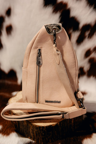 The backside of the Jett Cowhide Crossbody with dual zippered storage compartments and adjustable zippered shoulder strap for sling or backpack wear.