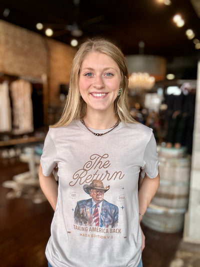 The Joram Cowboy Trump Graphic Tee is soft and comfortable and perfect for the Cowgirl who is ready to see America Great Again.