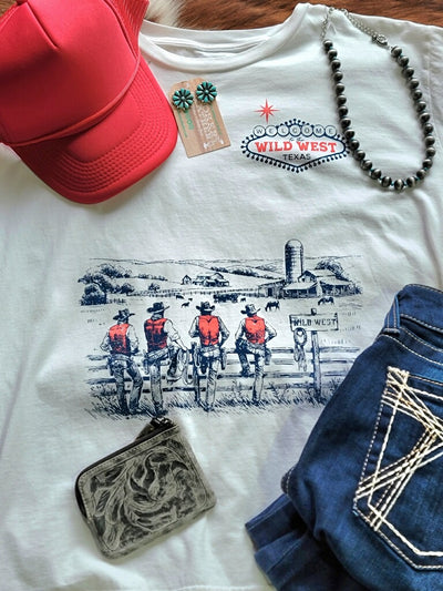 Outfit inspiration from Broker Leather featuring a Wild West Texas graphic tee, a trucker hat, and Ariat jeans.