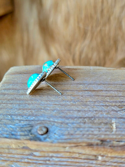 Western-inspired turquoise heart stud earrings, lightweight and nickel-free for sensitive ears.