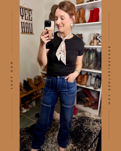 Broker Leather infographic featuring model, Brooke, styling the Kathy High Rise Tummy Control Wide Leg Jeans with a basic black tee and twilly wild rag.