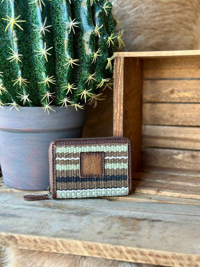 Multi-compartment western wallet with a zip closure, card slots, and a zippered pocket for organization.