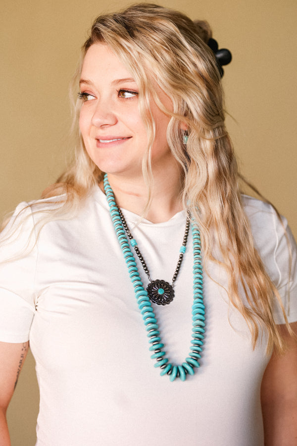 Kira Turquoise & Faux Navajo Pearl Graduated Disc Necklace