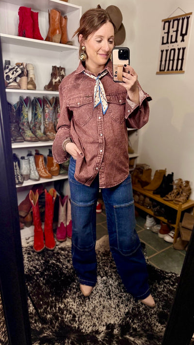 Kristin Mineral Wash Denim Pearl Snap Shirt in Burgundy – Western-Inspired Shacket