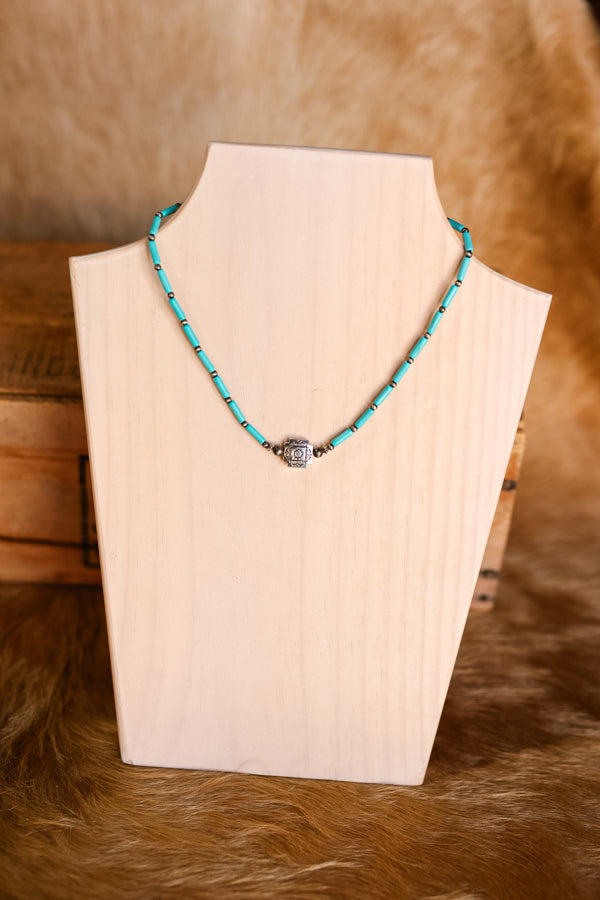 Kyra Turquoise Tube Bead Necklace with Southwestern bead accent, 16" with 3" extender.