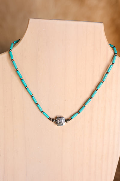 Kyra Turquoise Necklace with funky tube beads and faux turquoise, varying in color and marbling.