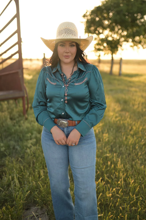 Lacey Turquoise Western Yolk Pearl Snap Top on a model with classic Western stitching and luxe satin feel.