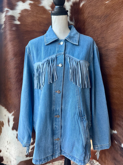 Quality Western-Inspired Denim Fringe Jacket on mannequin.