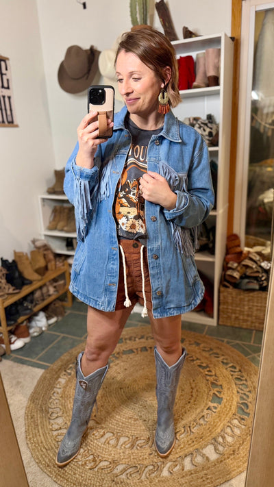 Lightweight Cotton Denim Jacket with Classic Cowgirl Flair modeled by Broker Leather employee, Brooke.