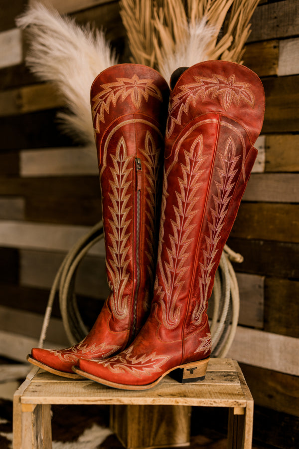 Lane Lexington Over-the-Knee Boots with a 1.5-inch heel and bold statement-making boot stitch design in smoldering ruby red leather.