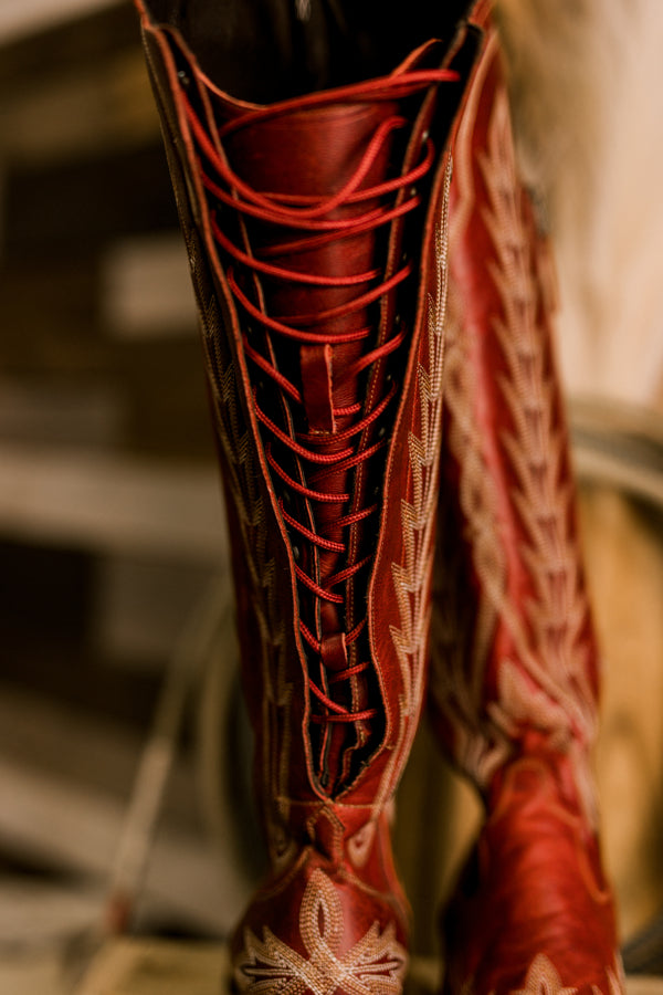 Close-up of Lane Lexington Boots showcasing the corset back details for wide calf options.