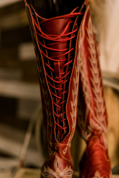 Close-up of Lane Lexington Boots showcasing the corset back details for wide calf options.