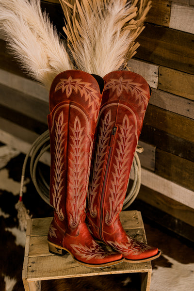 Front view of the stunning Lane Lexington Boots in smoldering ruby with traditional stitching and an over-the-knee fit.