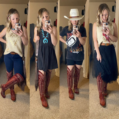 Four ways to style the Ruby red over-the-knee Lane Lexington boots featuring a snip toe and stunning boot stitch pattern.