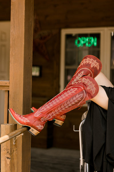 Broker Leather's Lane Lexington Over-the-Knee Boots with a 1.5-inch heel and bold statement-making design in smoldering ruby.