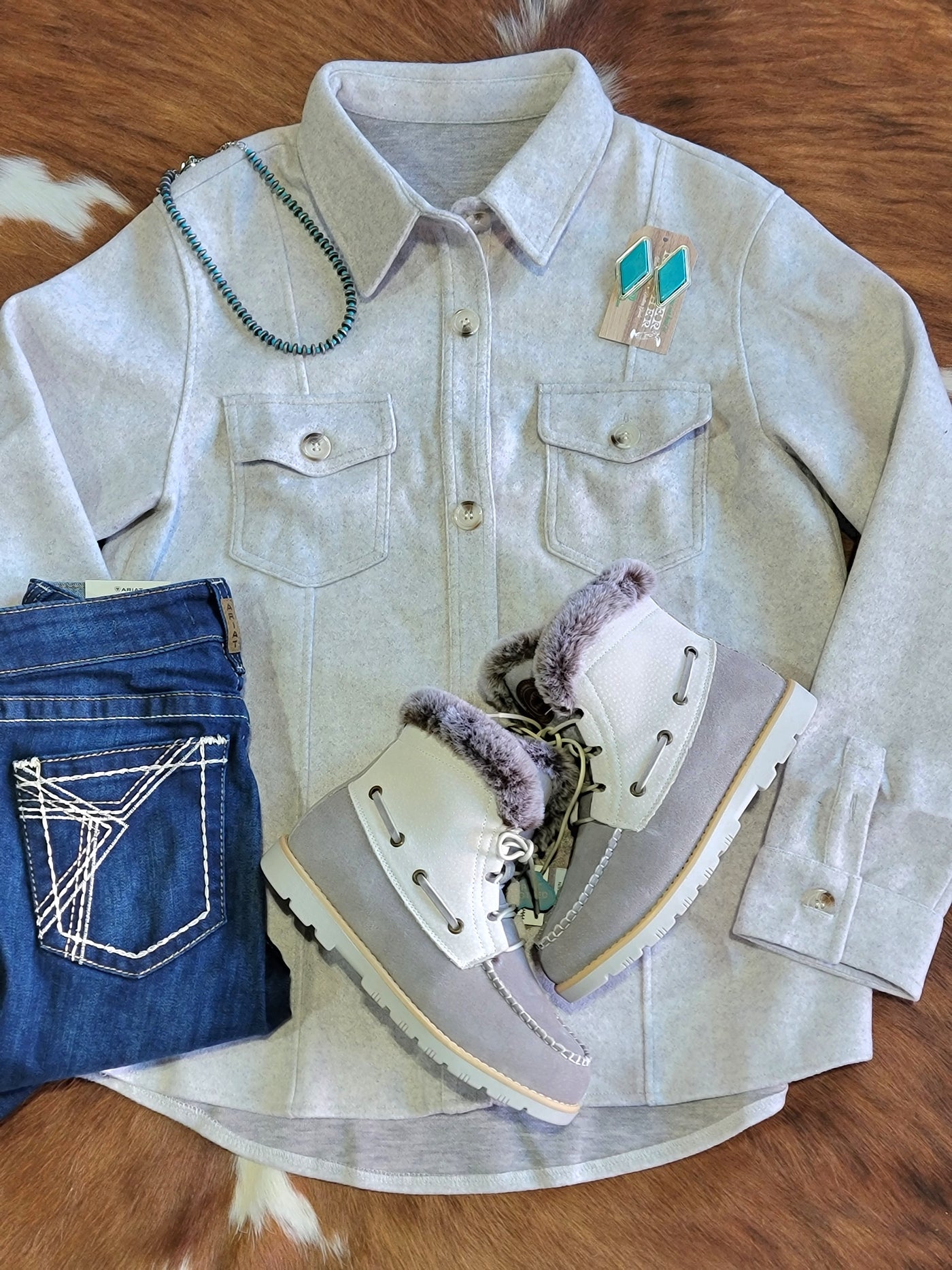 Flatlay outfit showcasing our Latte Heathered Grey Button Up Shacket.