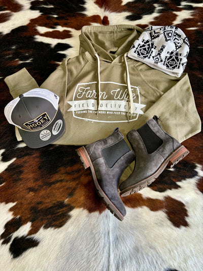 Flat lay of the Lawrence Farm Wife Field Delivery Hoodie, featuring its 50% polyester and 50% cotton blend.