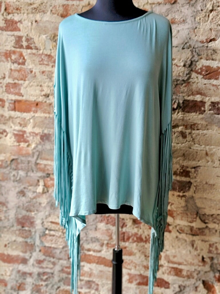 Seafoam top with a soft, lightweight fabric and side fringe accents for added style.