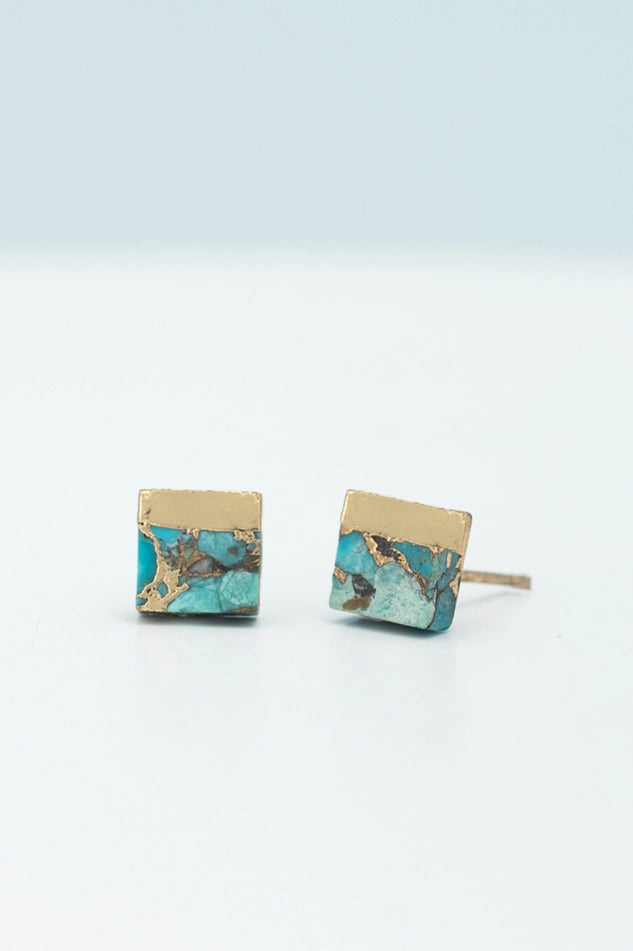 Petite 0.2-inch turquoise square earrings with warm gold top for subtle western shine