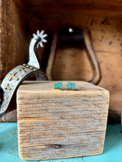 Lorena Authentic Turquoise and Gold Stud Earrings with petite square design and 14k gold plating