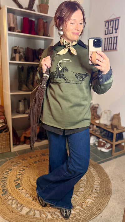 Comfortable and stylish crewneck with a standout 3D rope graphic design styled by Broker Leather employee, Brooke.