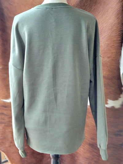 Soft and comfortable olive green crewneck made from 60% cotton and 40% polyester.