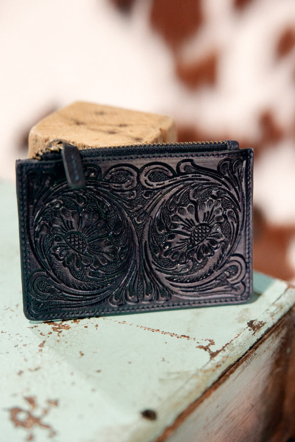 Malory Tooled Leather Cardholder in black with intricate floral detailing.