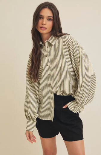 Balloon sleeve Mandy Button Down Stripe Shirt, blending classic style with modern design elements.