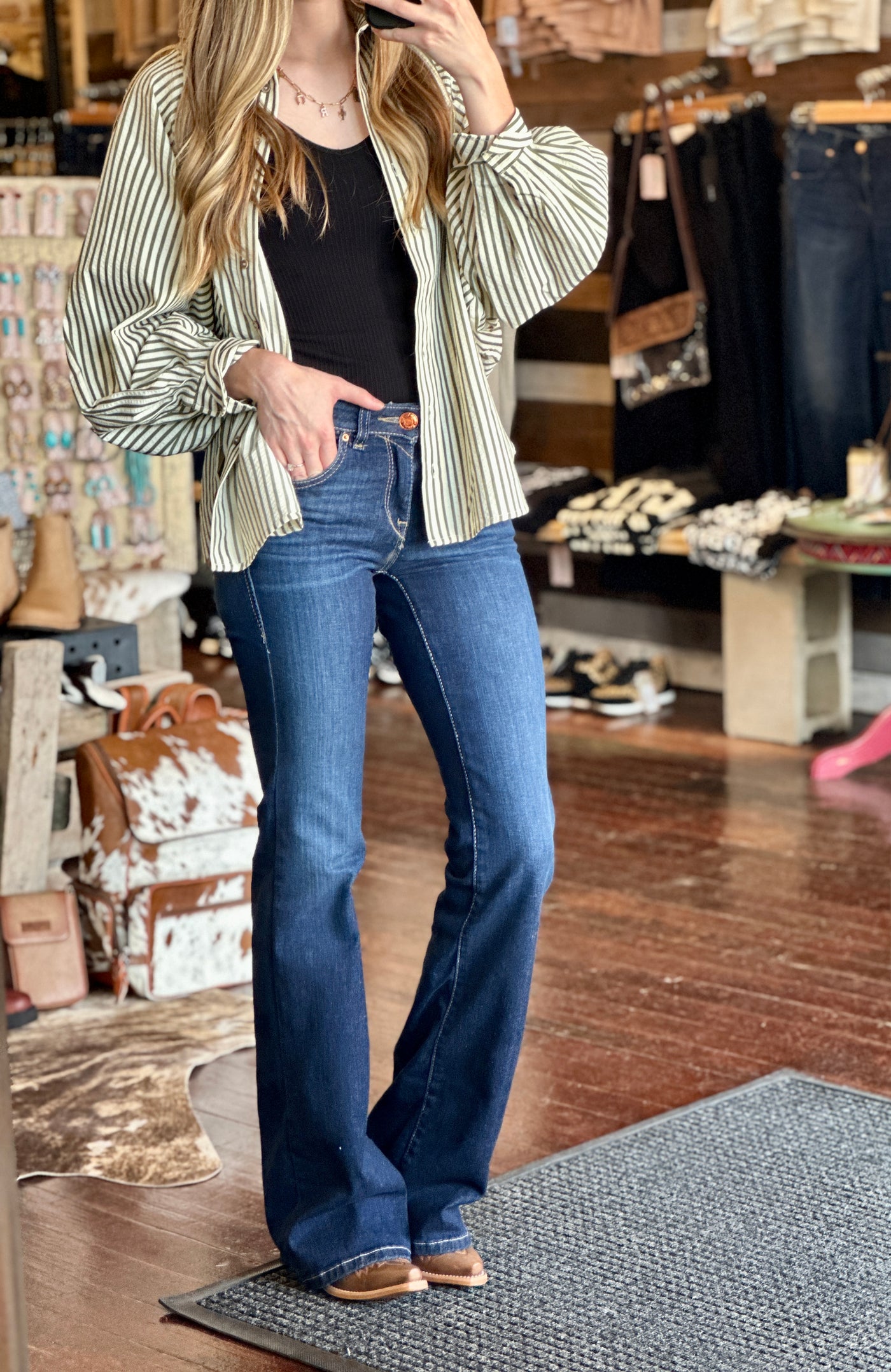 Textured Mandy Button Down Stripe Shirt paired with jeans for a casual yet polished fall look.