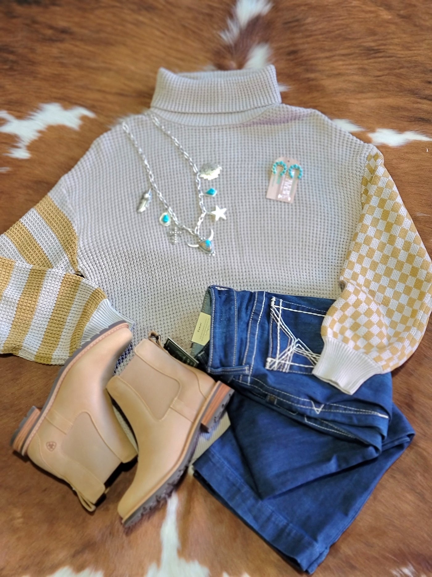 Flatlay outfit picture featuring our Maple Patchwork Waffle Knit Turtleneck.