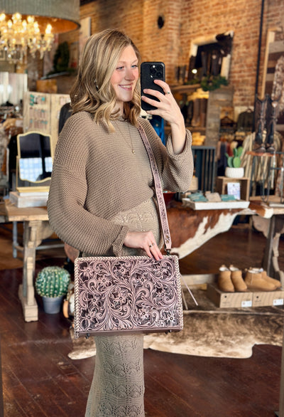 Mariella Leather Bag Styled for Everyday Wear – The Mariella Tooled Leather Crossbody modeled by a Broker Leather employee for size reference.