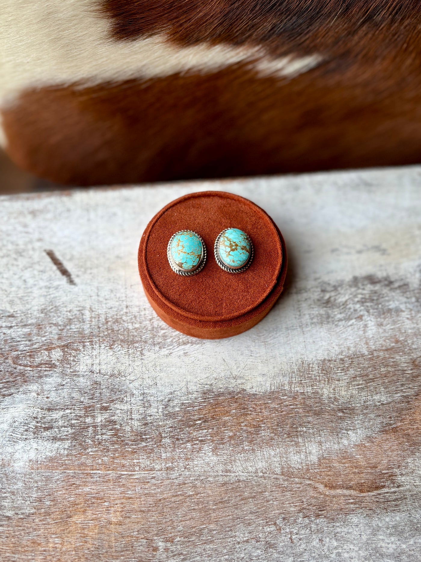 Marlin Authentic Turquoise Rope Border Stud Earrings in Sterling Silver.