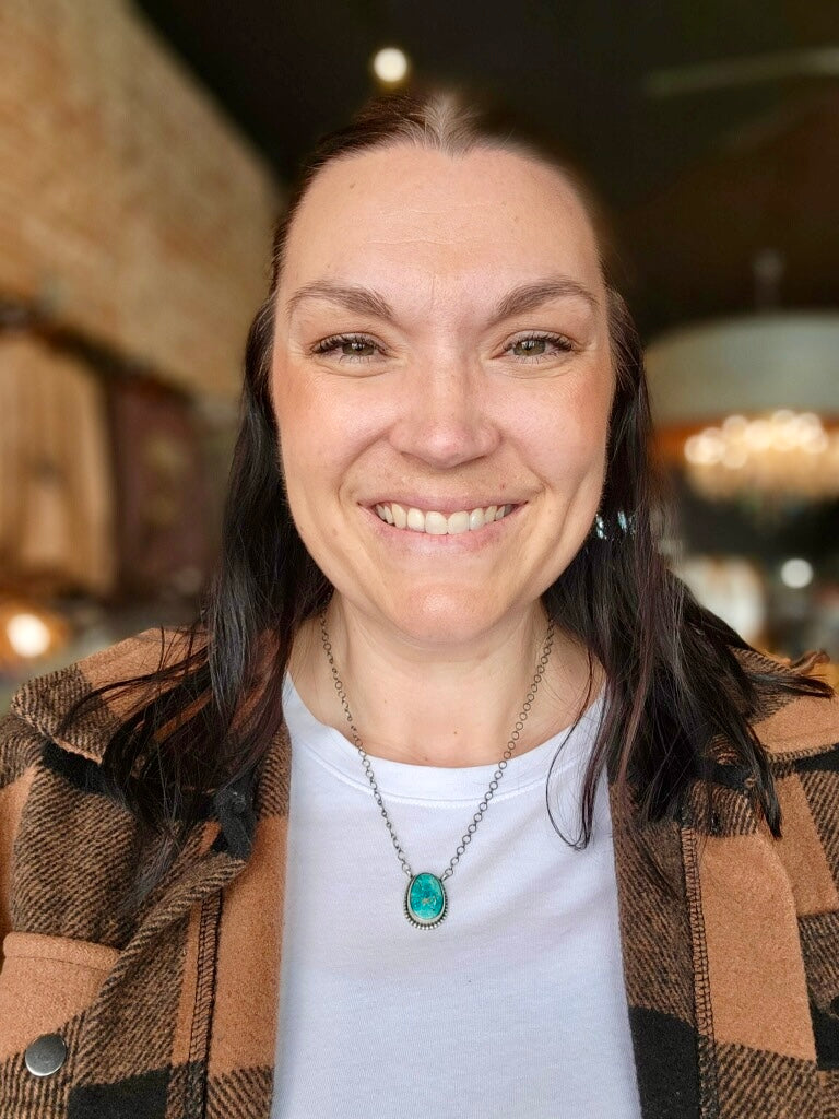 Western-inspired turquoise necklace designed by Navajo silversmith Scott Skeets.