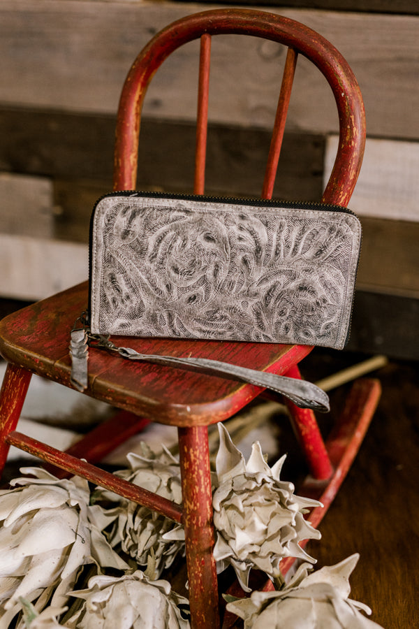 Mathis Tooled Leather Organized Wristlet [Slate]