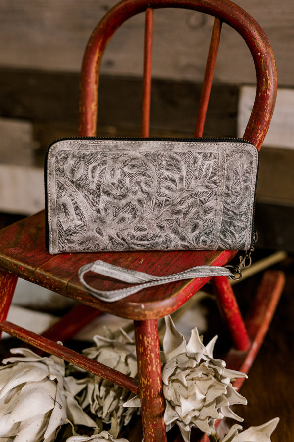 Mathis Tooled Leather Organized Wristlet [Slate]