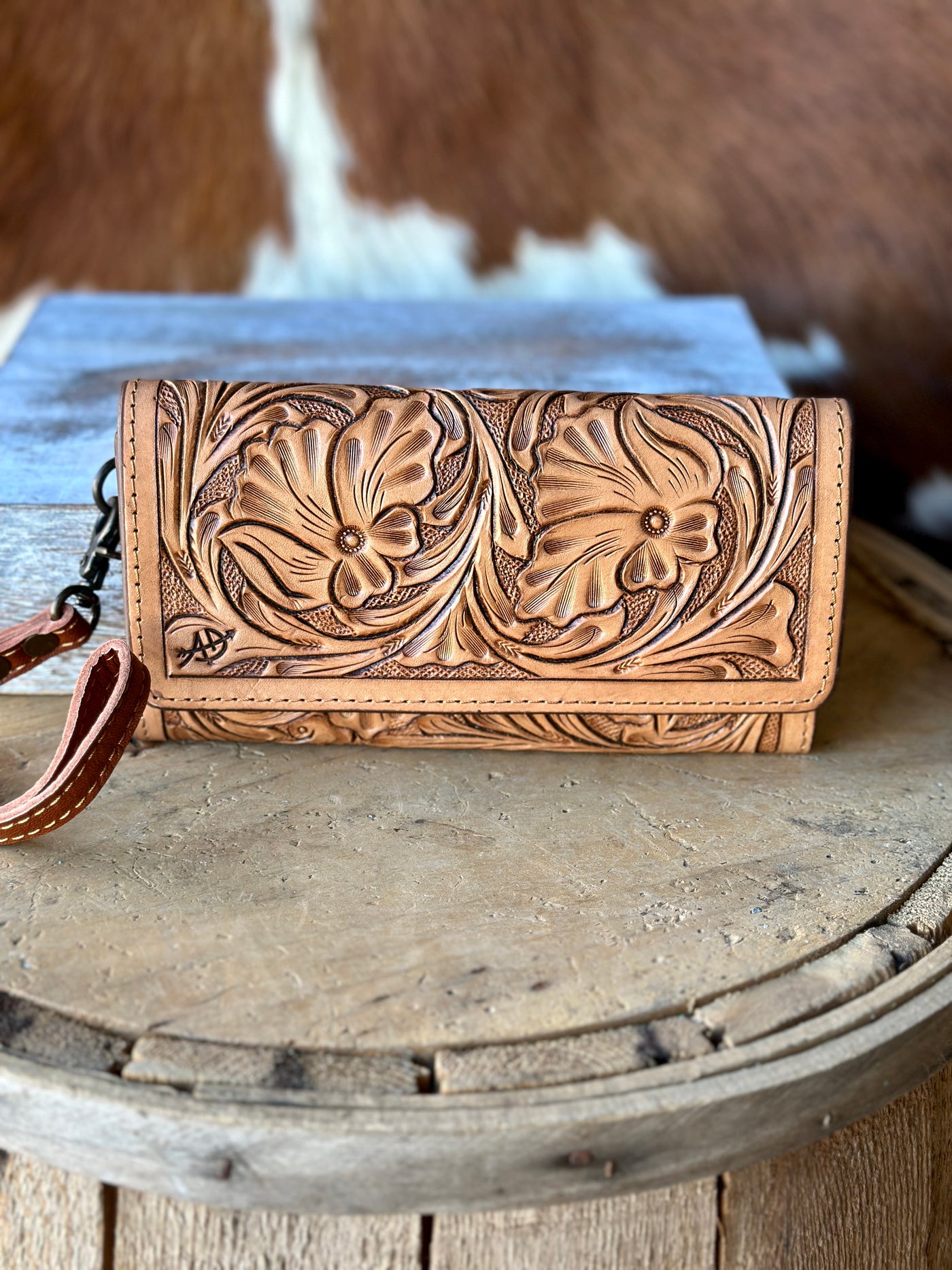 Natural Leather Clutch with Organized Interior and Zippered Coin Pouch.