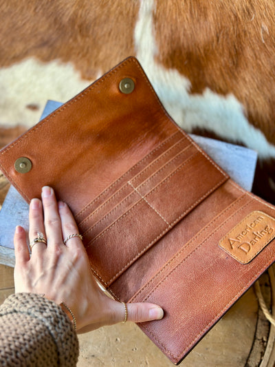 Inside View of Matilda Leather Clutch Showing Card and Cash Slots to help stay organized.