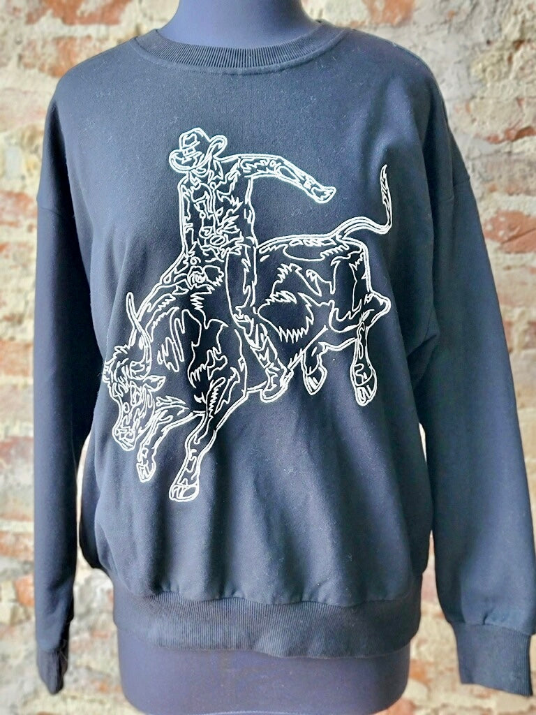 Mauney Bull Rider Crewneck with intricate embroidery detail.