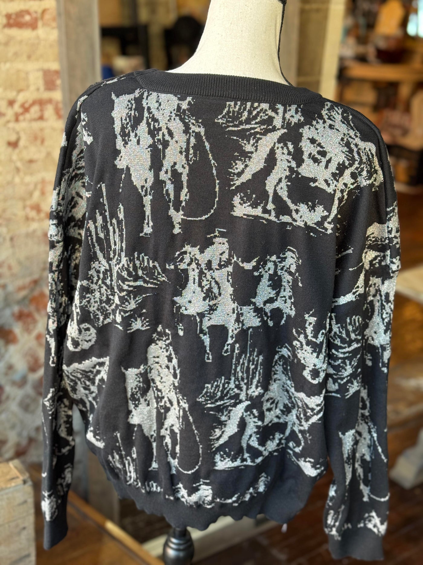 Mayfield Metallic Knit Sweater [Reversible] with striking metallic silver cowboy and desert pattern.